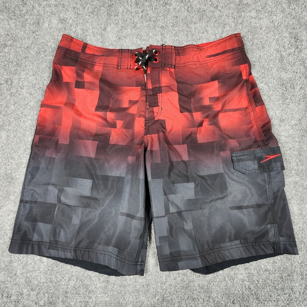 Speedo Mens Board Shorts Red Black Ombre Digital Block Swim Trunks Size‎ 36